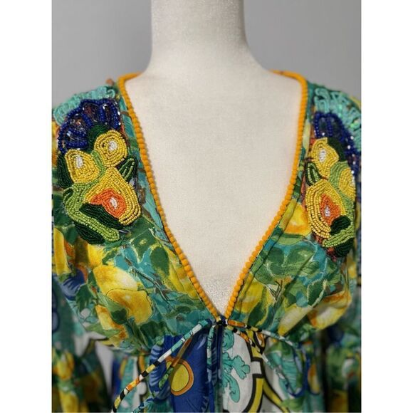 Antica Sartoria NWT lemons blue floral pattern beaded tie front long maxi cover - Picture 4 of 16